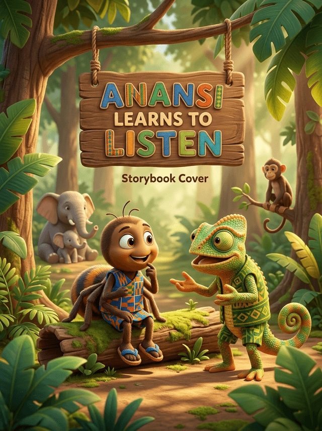Cover illustration for Anansi Learns to Listen