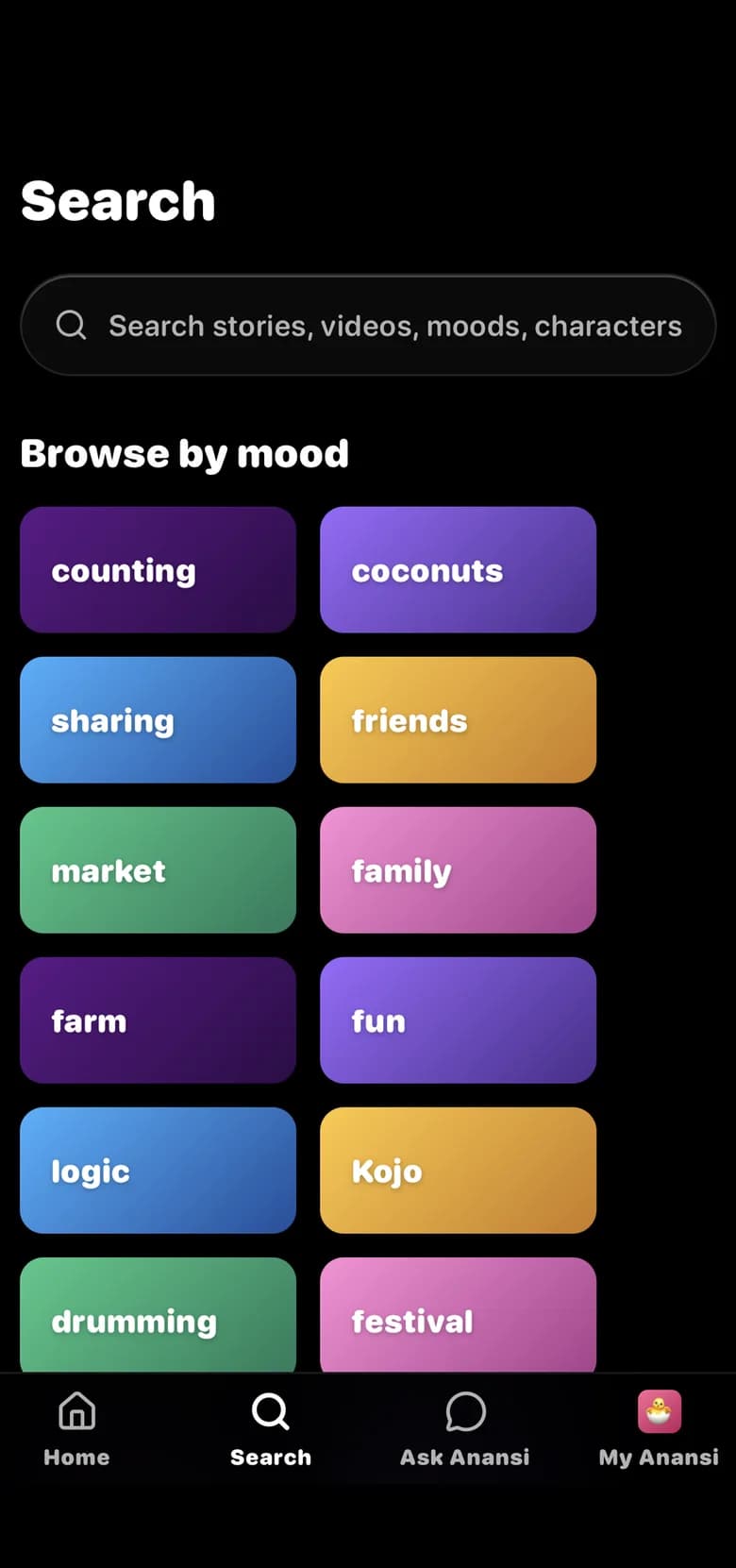 The search screen, with a "Browse by mood" grid of coloured tiles: counting, coconuts, sharing, friends, market, family.